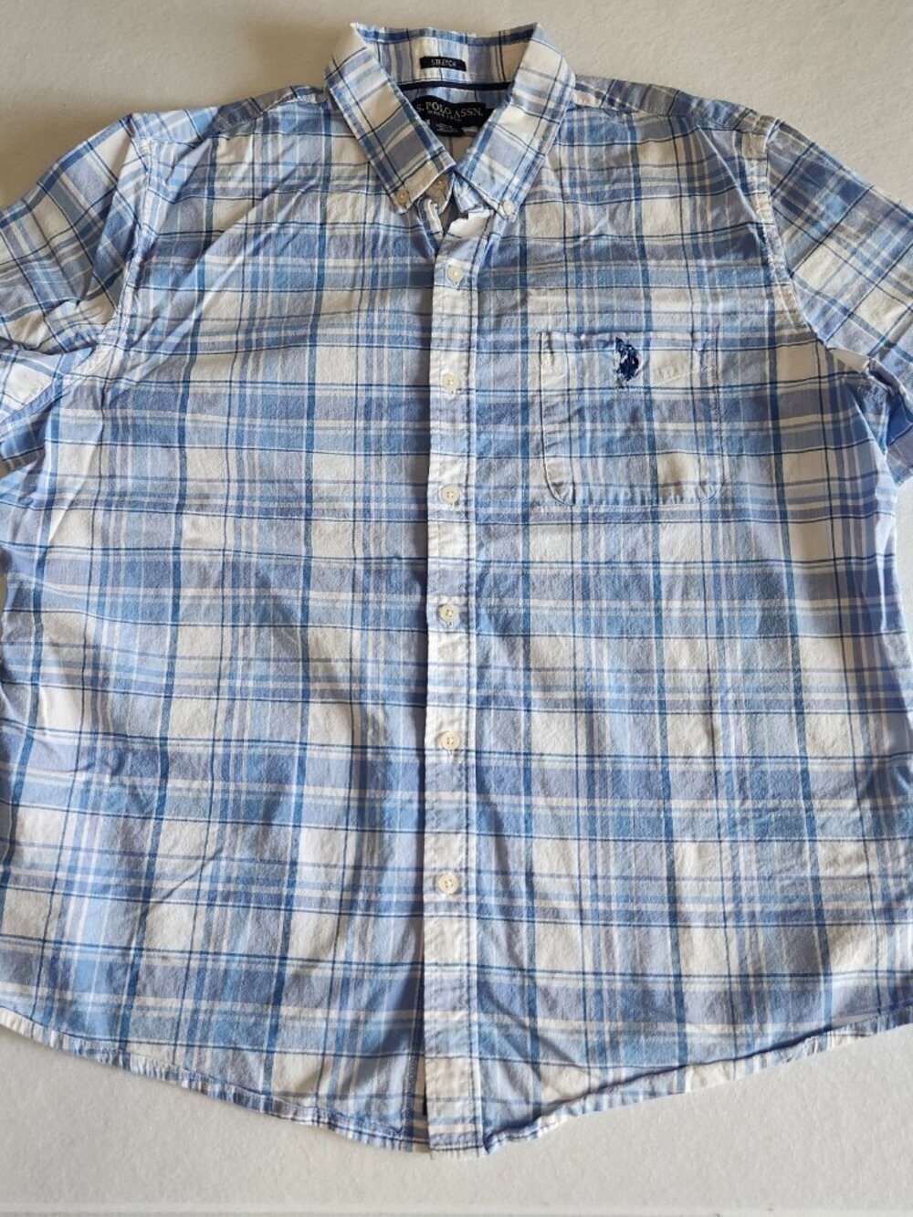 U.S. Polo Assn. XL Blue Plaid Stretch Button-Up Short Sleeve Shirt